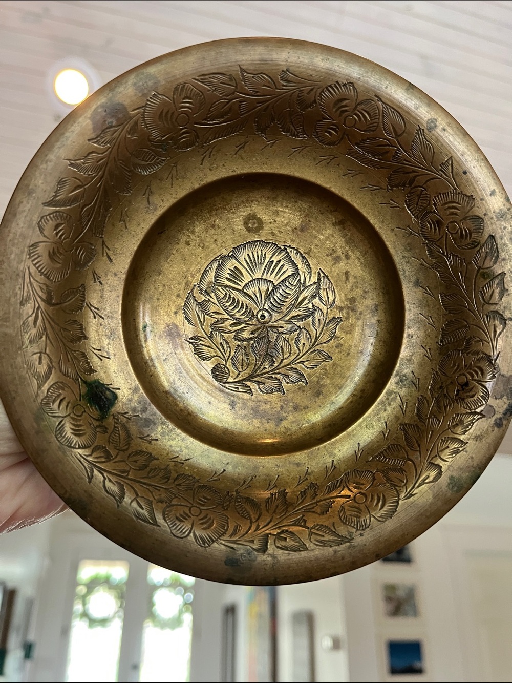 Vintage Indian Brass Pedestal Bowl, Hand Etched Floral Decor, Made in India